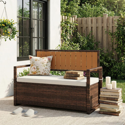 Outdoor Storage Bench with Cushion, 2-Seater PE Rattan Storage Box with Backrest & Armrests, 75 Gallon, 400 lbs Capacity Weatherproof Patio Bench for Garden, Balcony, Porch, Pool, Yard,Dark Brown