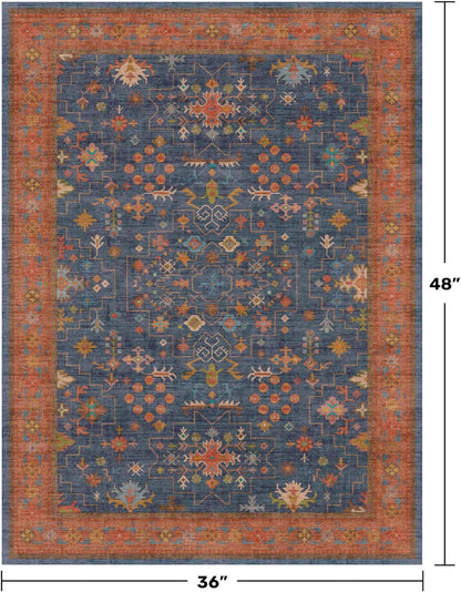 Skiennix Washable Kitchen Rugs - Stain Resistant Non-Slip Area Rug for Entryway | 3x4 Navy Blue Boho Décor