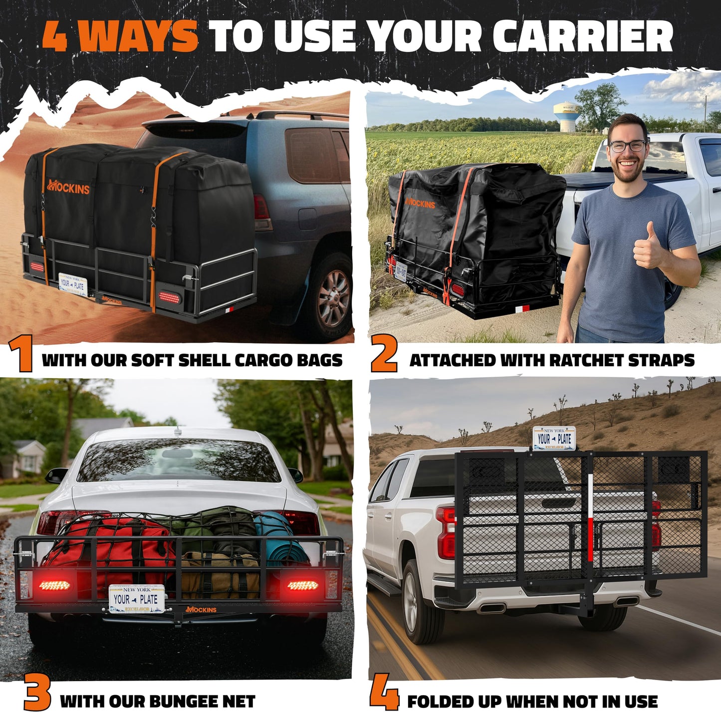 Mockins 66"x30"x14" XL High Rail Trailer Hitch Cargo Carrier w/ 45 CuFt Waterproof Cargo Bag for Hitch Carrier | 500 Lbs Cap Folding Luggage Rack for SUV Car Truck w/Rear Lights, Plate Bracket & More