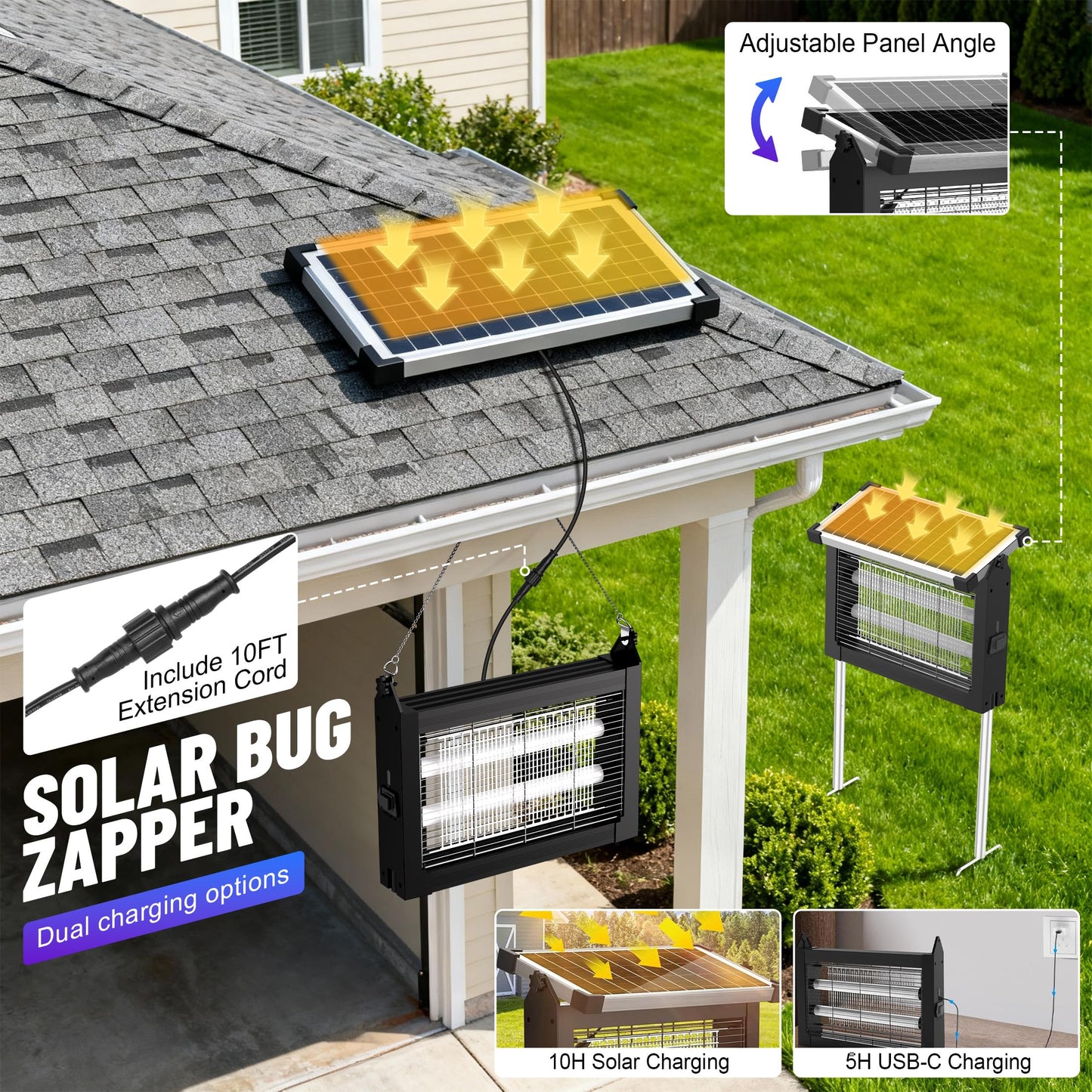 CXBER Solar Bug Zapper Outdoor, 4500V Mosquito & Fly Zapper with UV Light, Smart Auto Mode, 4000mAh USB-C Rechargeable Cordless Mosquito Killer Lamp, IP66 Waterproof for Patio Backyard Garden Camping