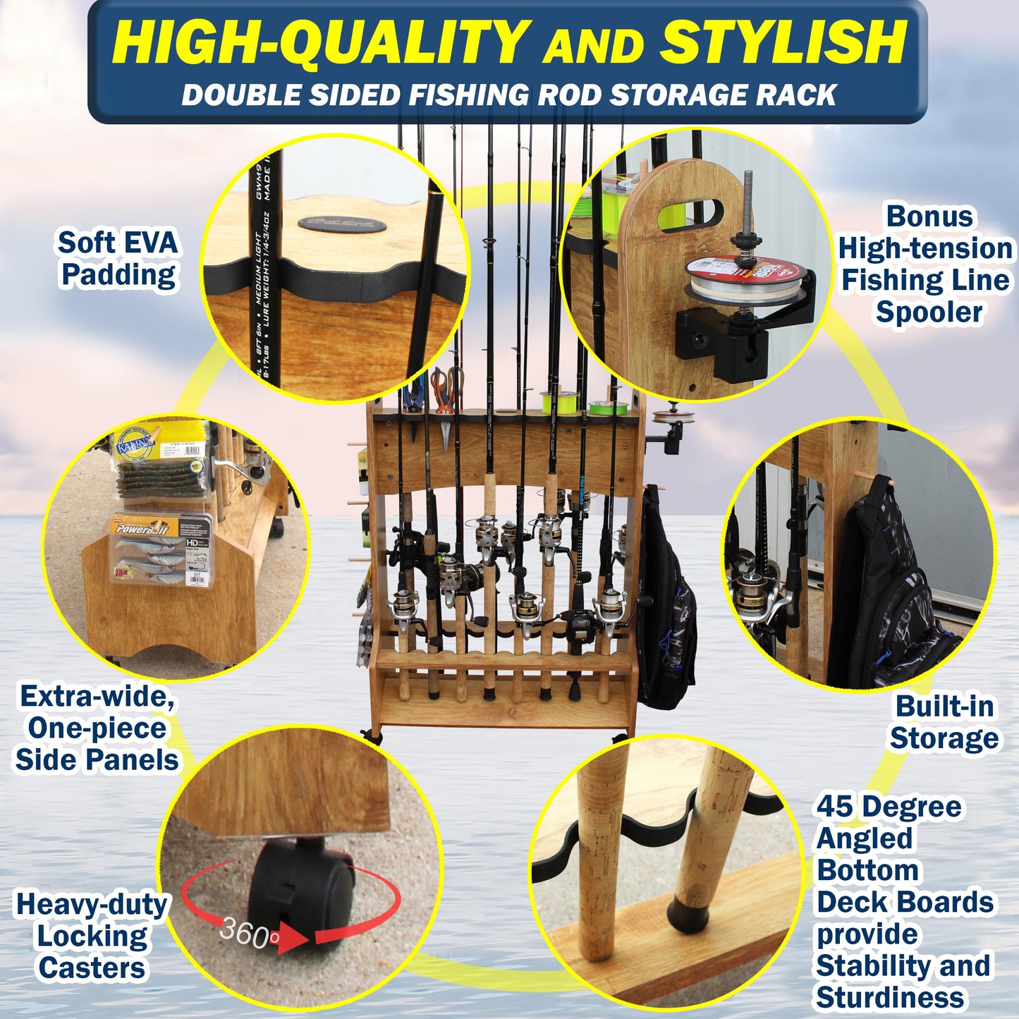 Rush Creek Creations 16-Rod Rolling Fishing Rod Rack with Line Spooler – Tackle Storage, Tool Holder, Lure & Line Organizer, Accessory Pegs – Portable Gear Station for Anglers