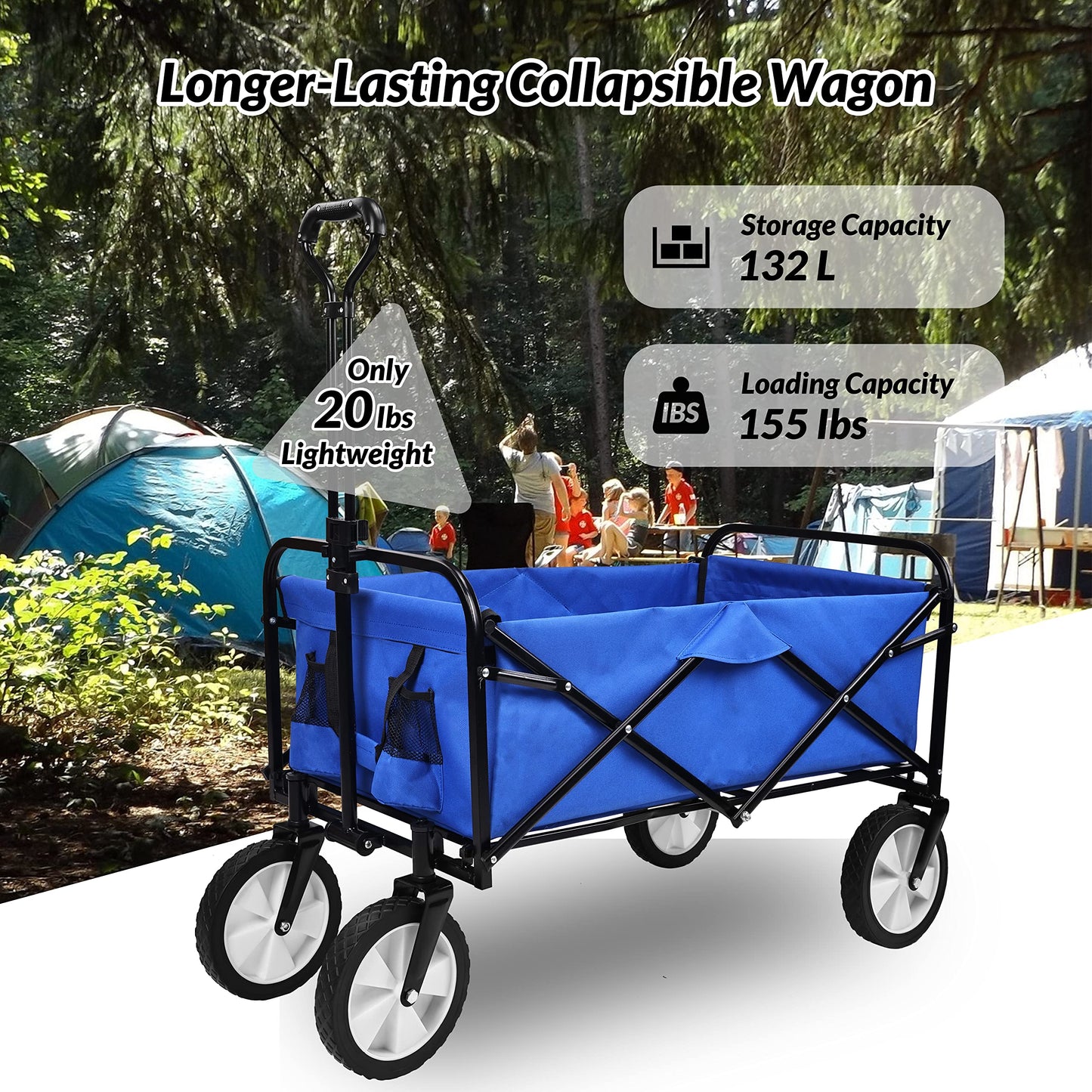 Elevon Heavy Duty Steel Frame Collapsible Folding 150 Pound Capacity Outdoor Camping Garden Utility Wagon Yard Cart, Blue