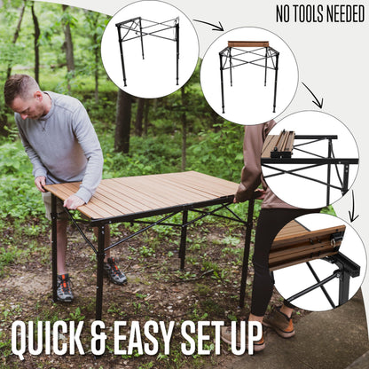 ALPS Mountaineering Overlanding Table, Aluminum Roll-Top with Wood-Look, Adjustable Height