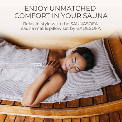 BADESOFA SAUNASOFA™ Sauna Mat & Pillow Set – 3 Seater Sauna seat Cushion and Pillow for Indoor and Outdoor Infrared or Finnish Sauna – Luxury Sauna Gift in Charcoal