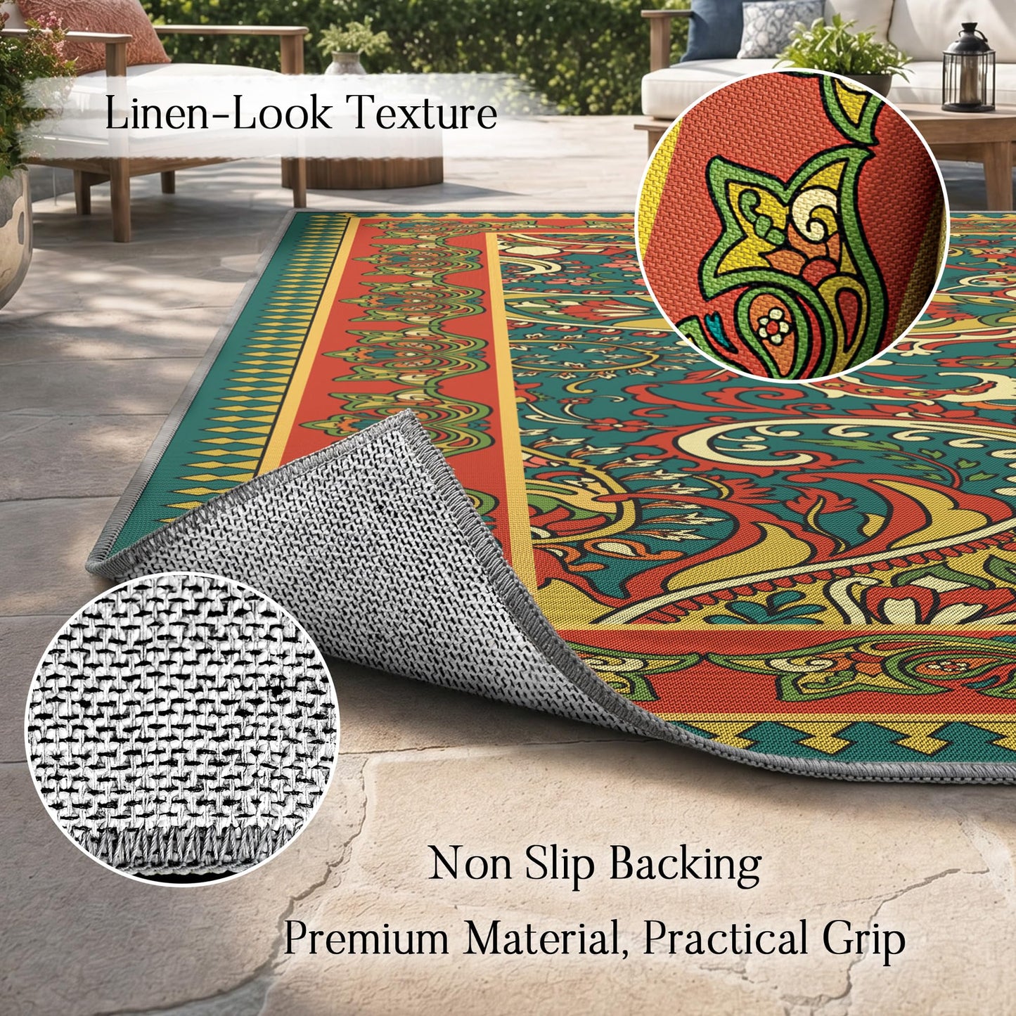 Arenarug Paisley Outdoor Rug Waterproof 6x9, UV Resistant Non Slip Patio Rug, Indoor Outdoor Boho Camping Rug Linen-Look RV Carpet for Deck Balcony Backyard, Terracotta