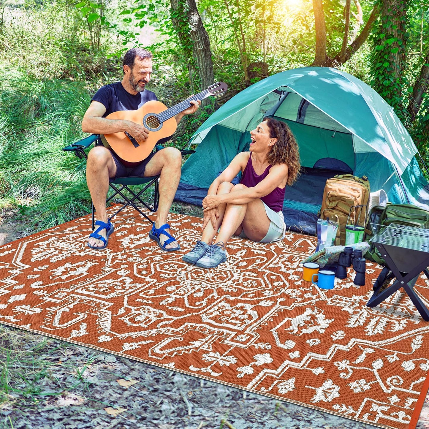 IDEALHOUSE Outdoor Rug 9x18 Ft, Waterproof Plastic Reversible Rug, Persian Style Camping Mat for Outdoors, RV, Patio, Backyard, Deck, Picnic, Beach, Trailer(Orange Red & White)