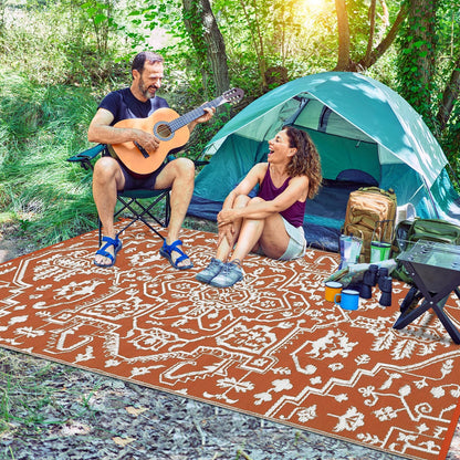 IDEALHOUSE Outdoor Rug 9x18 Ft, Waterproof Plastic Reversible Rug, Persian Style Camping Mat for Outdoors, RV, Patio, Backyard, Deck, Picnic, Beach, Trailer(Orange Red & White)