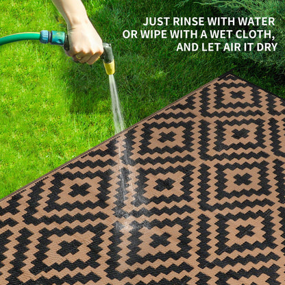 Outdoor Rugs Patio Camping Waterproof - 9x18 Plastic Straw Patio Rug Portable for Campers, Outside RVs Mat, Outdoor Area Carpet for Patios Clearance, Backyard Porch, Balcony, Picnic, Black Brown
