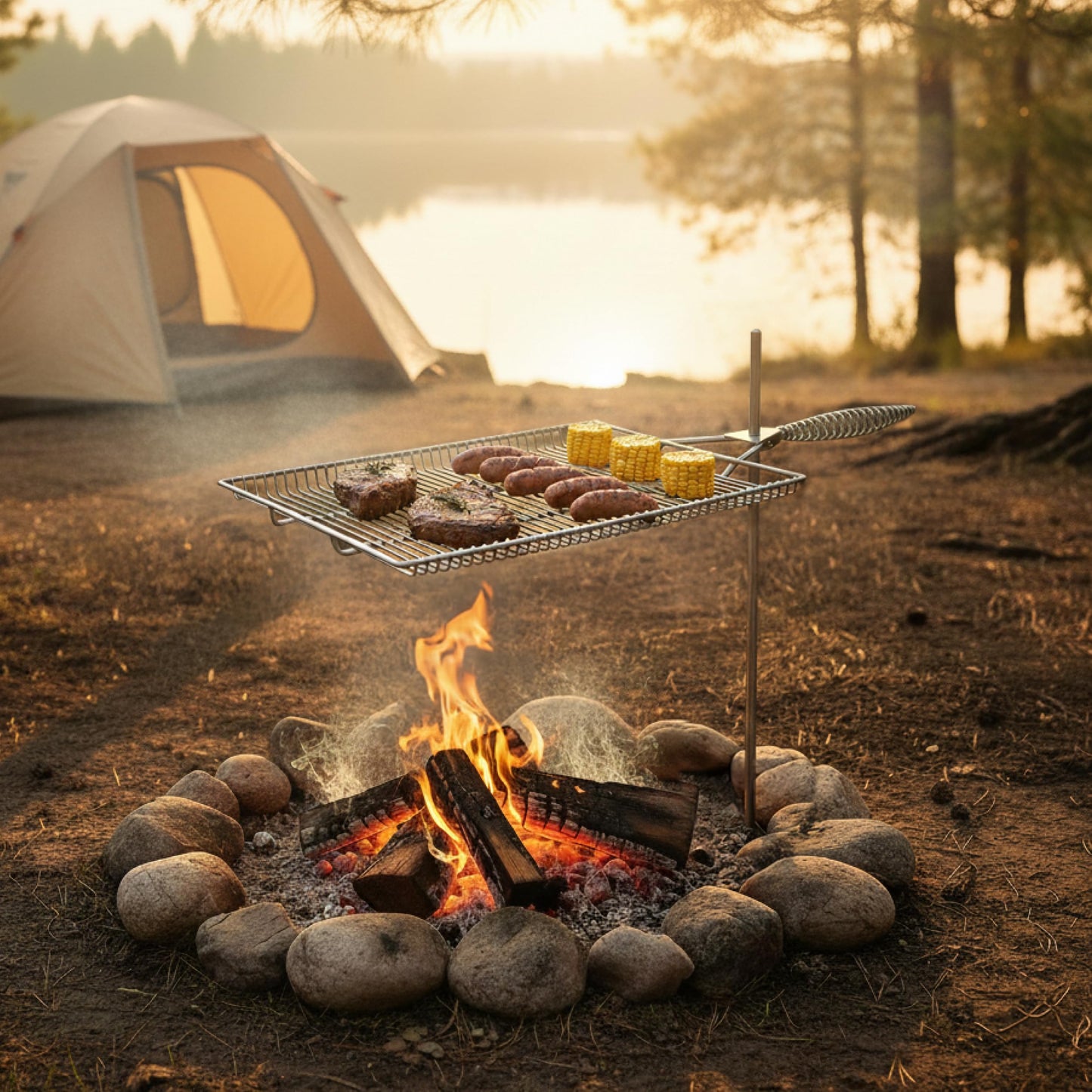 Easy Swivel Fire Pit Grill Grate – 304 Stainless Steel – 15" x 22" Cooking Surface with 36" Stake for Campfire Cooking