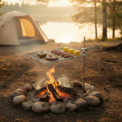 Easy Swivel Fire Pit Grill Grate – 304 Stainless Steel – 15" x 22" Cooking Surface with 36" Stake for Campfire Cooking