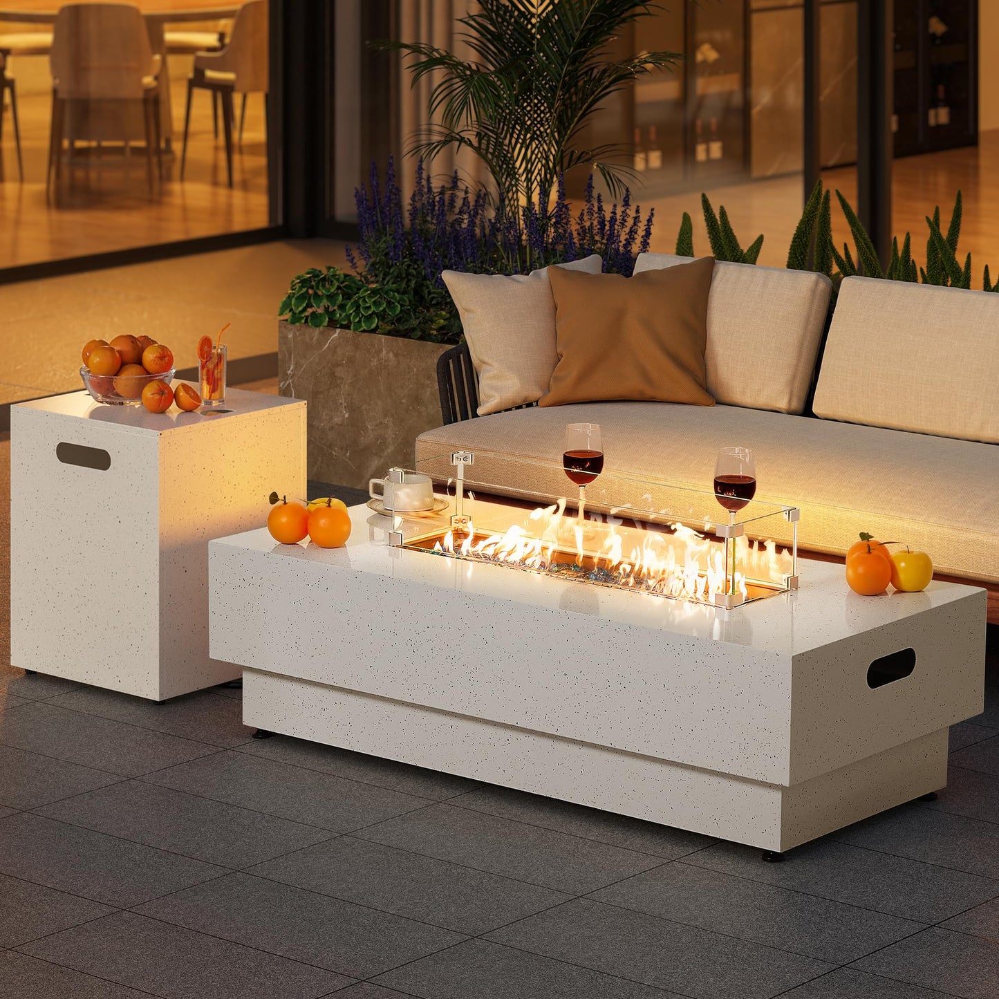 IRONCK 50-Inch Outdoor Propane Fire Pit Table w Tank Table, CSA Certified, Rectangular Patio Fire Pit w Glass Rocks, Wind Guard and Cover, 58000 BTU 2 in 1 Outdoor Heater for Deck Garden, White