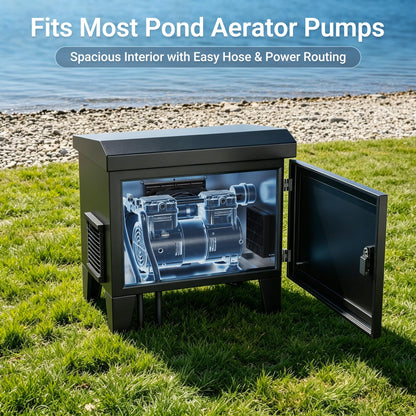 HQUA Pond Aerator Pump Cover Cabinet, Weatherproof Outdoor Protection System with Cooling Fan, Pre-Wired Outlet & 10 ft Power Cord, Galvanized Steel Enclosure 19”W × 14”D × 18.5”H