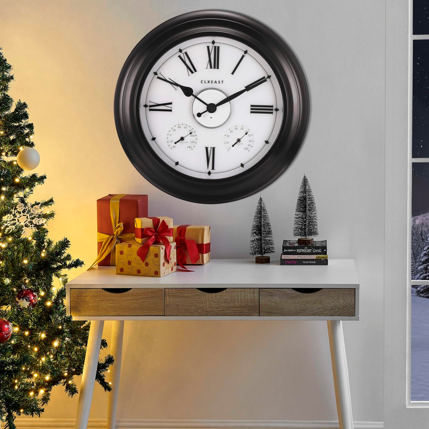 CLXEAST Illuminated Outdoor Indoor Metal Clocks Waterproof 24 inch, Oil Rubbed Bronze Black,Oversized Large Outdoor Roman Numeral Wall Clock with Thermometer & Hygrometer