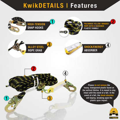 KwikSafety - Charlotte, NC - TSUNAMI KIT [Premium BRAIDED ROPE] Vertical Lifeline, 1-D Ring Safety Harness, Lightweight Tool Lanyard, Roof Anchor, 20L Dry Bag ANSI OSHA Fall Protection System / 50 FT.