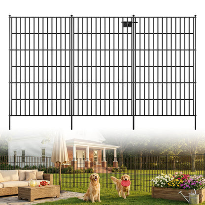 Toolterritary 10 Panels No Dig Garden Fence with Gate, 48in(H) x 25ft(L) Rustproof Metal Animal Barrier Fence, Outdoor Decorative Yard Fencing with Ground Stakes for Dogs, Rabbits, Patio