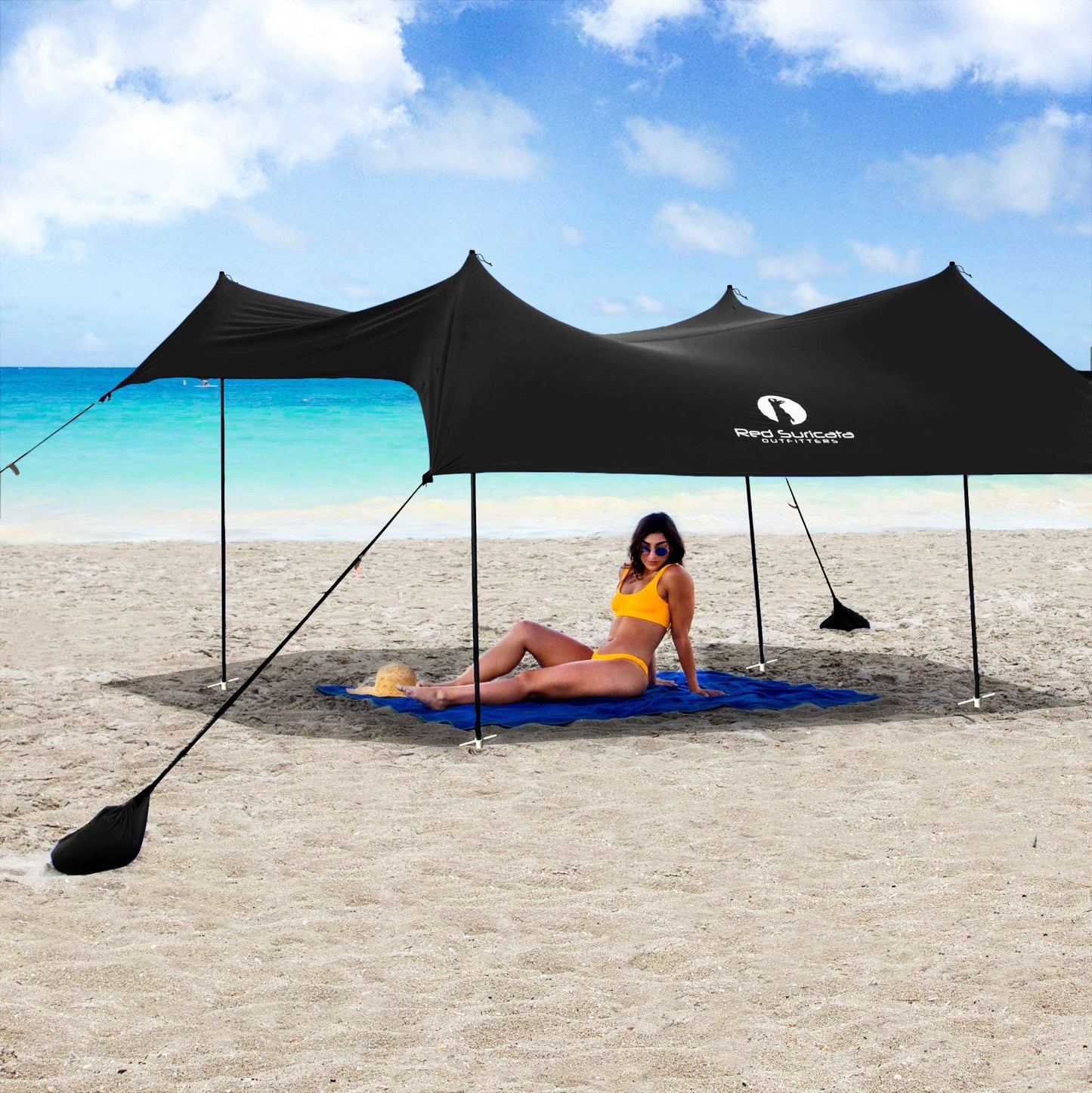 Red Suricata Family Beach Tent & Beach Canopy, Matching Sand Free Beach Mat Blanket & 2 Beverage Holders Bundle - UPF50 UV Sun Shade Shelter (Large, Black)