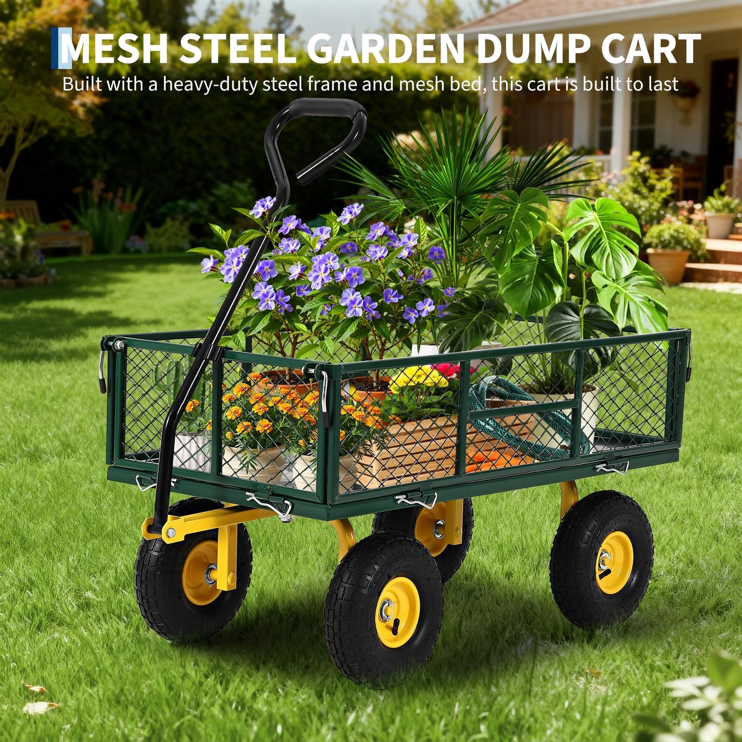 900 Lb Capacity Heavy Duty Steel Garden Cart – 2-in-1 Utility Wagon with Removable Mesh Sides, 10" All-Terrain Tires, Flatbed Conversion, 180° Rotating Handle – Perfect for Lawn, Garden & Backyard