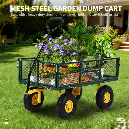900 Lb Capacity Heavy Duty Steel Garden Cart – 2-in-1 Utility Wagon with Removable Mesh Sides, 10" All-Terrain Tires, Flatbed Conversion, 180° Rotating Handle – Perfect for Lawn, Garden & Backyard