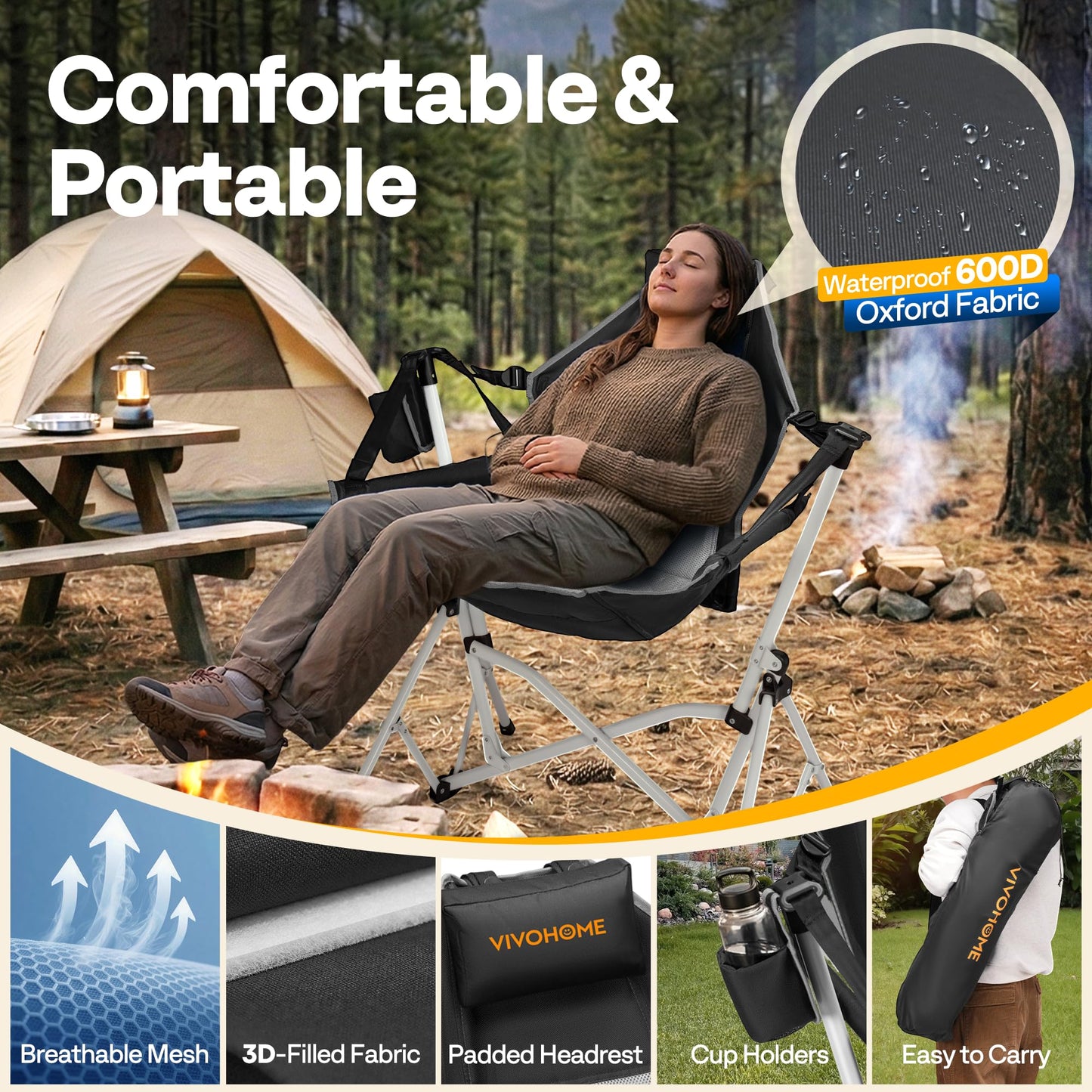 VIVOHOME Hammock Camping Chair, Portable Outdoor Swinging Rocking Chairs for Adults with Adjustable Pillow, Back and Height for Travelling, Backyard, Patio, Supports 400 lbs, 600D Breathable Mesh