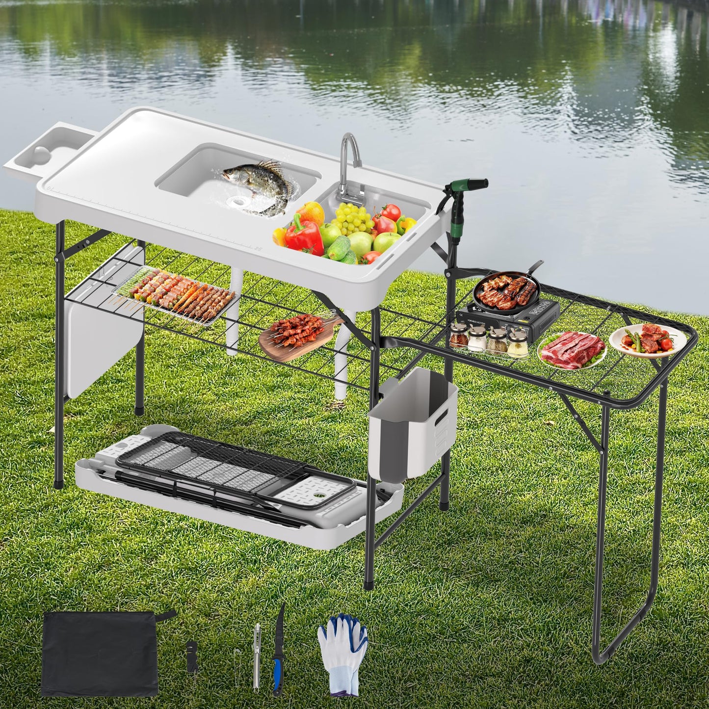 Dragosum Fish Cleaning Table, Portable Folding Camping Table with Folding Grill Extension Board, Fish Cleaning Station with Dual Sinks, Hose Hook Up