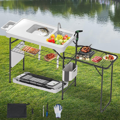 Dragosum Fish Cleaning Table, Portable Folding Camping Table with Folding Grill Extension Board, Fish Cleaning Station with Dual Sinks, Hose Hook Up