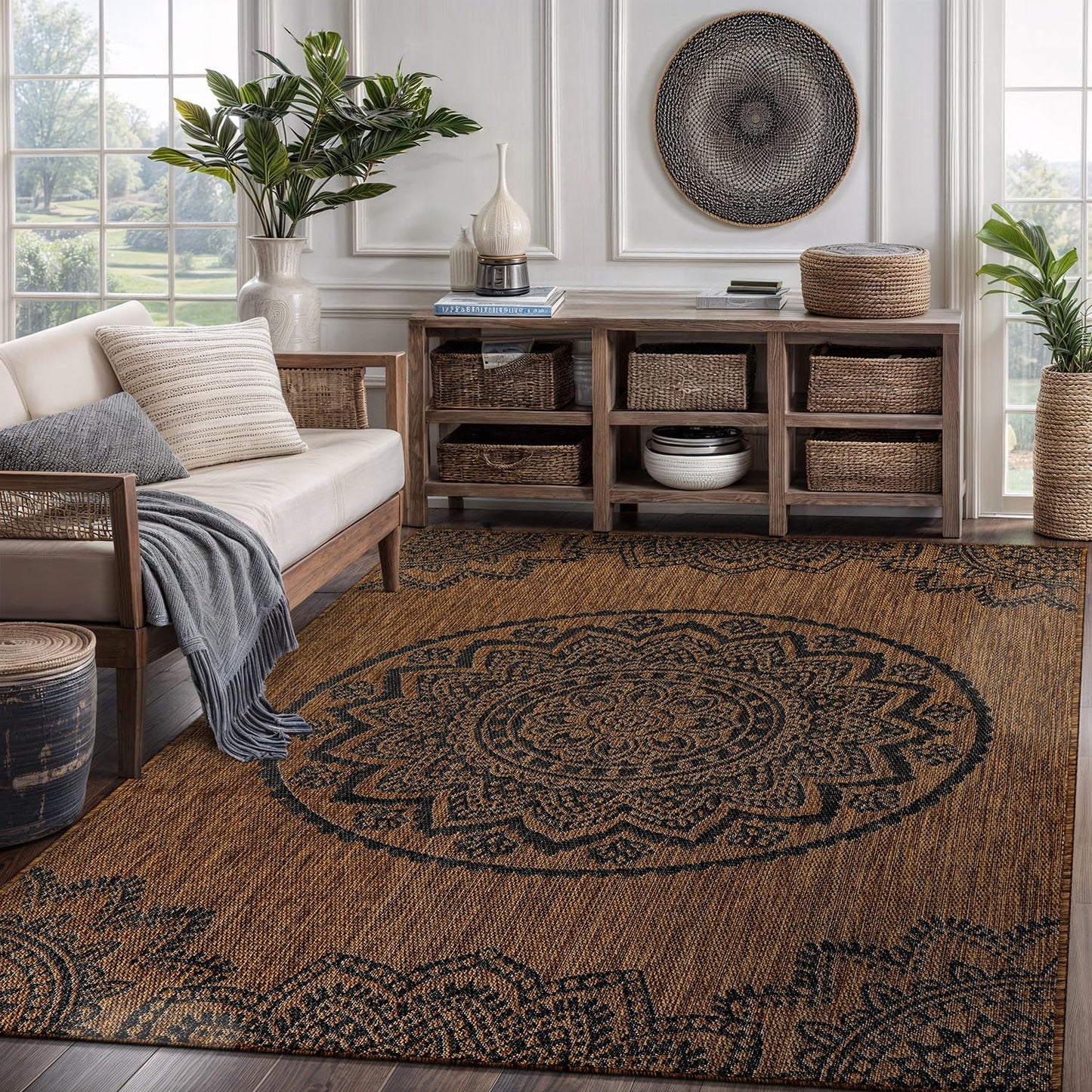 CAMILSON Outdoor Rug 8x10 Modern Area Rugs for Indoor and Outdoor Patios and Porches - Waterproof Washable Non-Shedding Easy-to-Clean Outside Carpet (8 x 10 Medallion - Gold/Black)