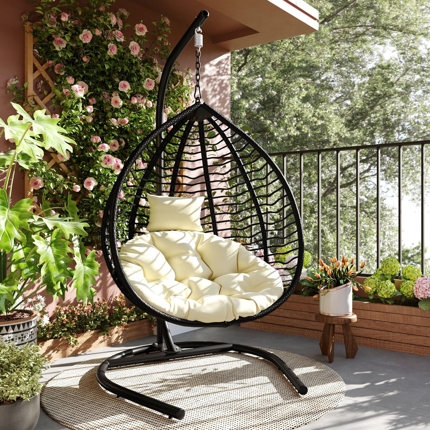 Merax Indoor Outdoor Hanging Hammock Chair with Stand, Foldable Rattan Egg Swing Chair with Iron Frame and Plush Cushion & Removable Headrest,Suitable for Porch Garden,Balcony,Indoor, Black+Beige