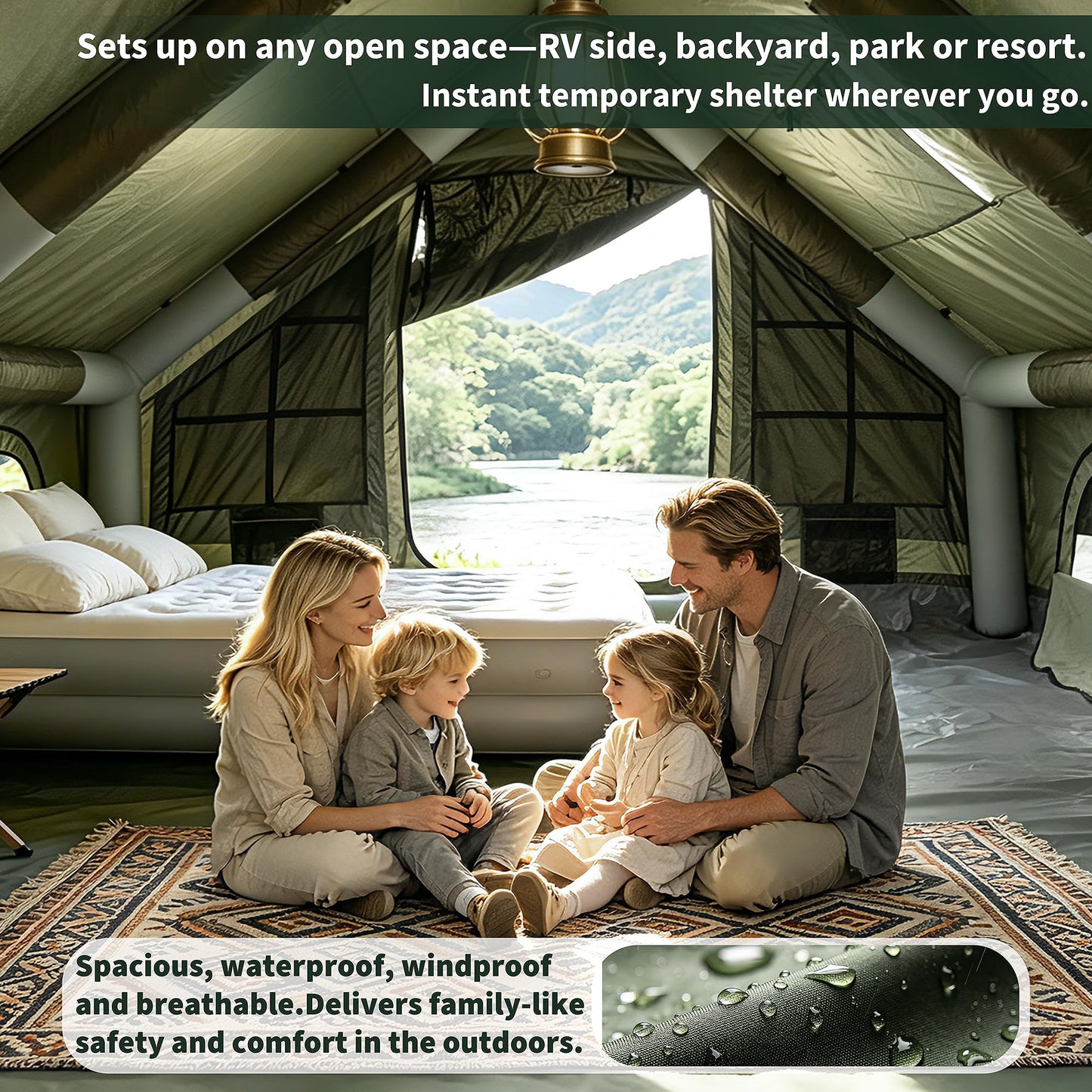 QIFA (129sq ft) 8-12 Person Large Luxury Inflatable Camping Tents with Stove Jack, Easy Setup Blow Up Tent with Hand Pump,Waterproof (Heavy-Duty) 600D Oxford Fabric for Adult 4 Seasons Khaki Green
