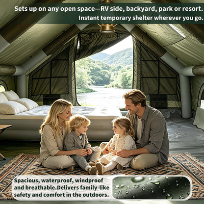 QIFA (129sq ft) 8-12 Person Large Luxury Inflatable Camping Tents with Stove Jack, Easy Setup Blow Up Tent with Hand Pump,Waterproof (Heavy-Duty) 600D Oxford Fabric for Adult 4 Seasons Khaki Green