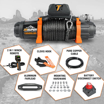 ZESUPER 13500 lb Load Capacity 12V Electric Winch 100ft Synthetic Rope Hook Winch Kit for Jeeps Trailer Truck SUV Waterproof IP68 Winches with Hawse Fairlead and 2 in 1 Wired&Wireless Handle Remote