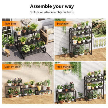 Hongsane Plant Stand Indoor Outdoor,3 Tier Ladder Metal Plant Stands Riser,Heavy Duty Wrought Iron Plant Shelves for Multi Large Pots,Black Tiered Flower Display Holder for Living Room,Patio,Balcony