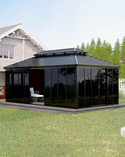 GAOMON 12x20 ft Permanent Hardtop Gazebo Sunroom, Enclosed Gazebo with Floor-to-Ceiling Sliding Doors, All-Aluminum Alloy Frame, Screen Outdoor Room Solarium for Backyard, Patio, and Deck