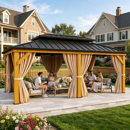 DWVO 12x20 Wood Gazebo Outdoor Wooden Frame Double Roof Hardtop Galvanized Steel Top Canopy w/Curtain and Netting, Patio Heavy Duty for Deck, Backyard