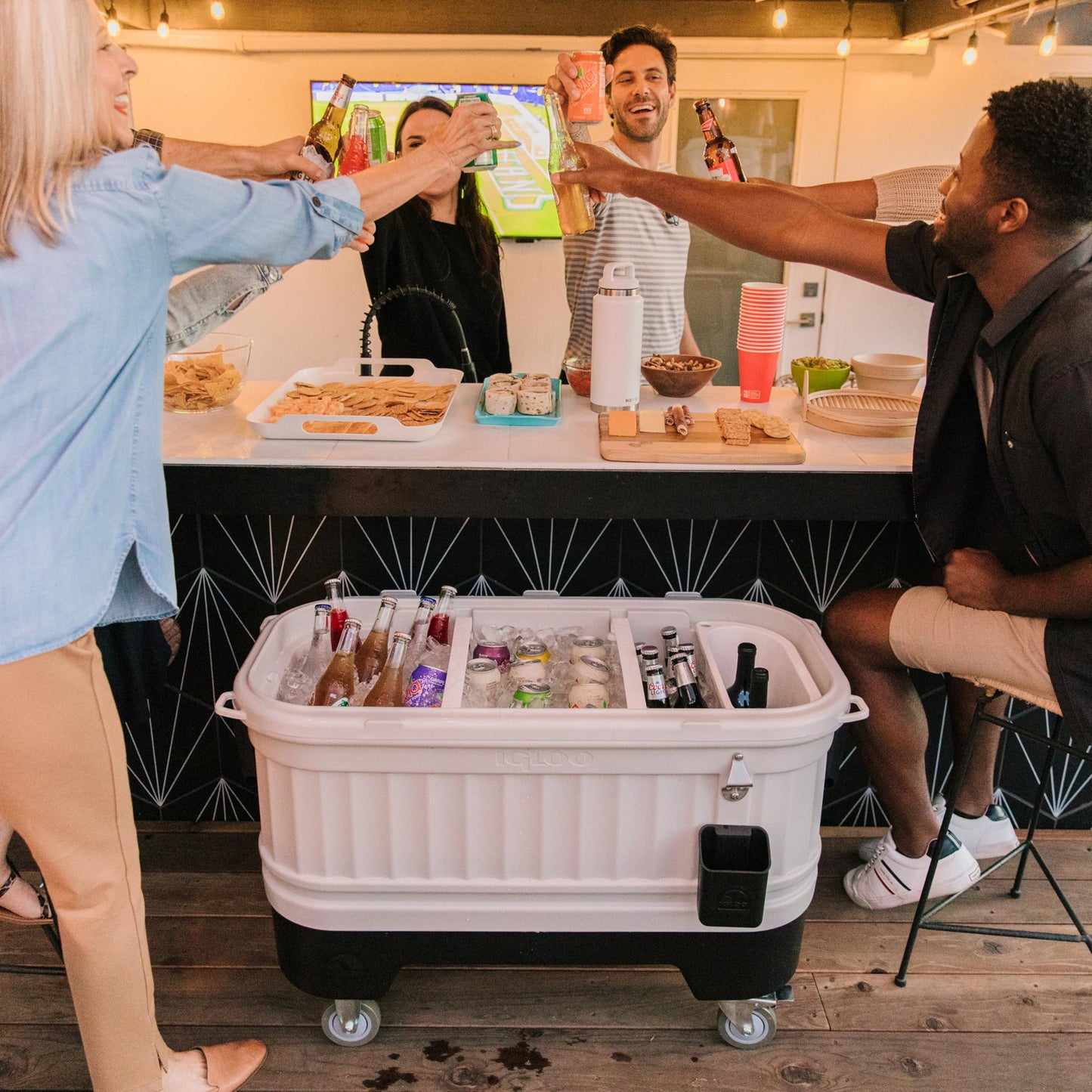 Igloo Party Bar 125 Qt Cooler with Wheels | Insulated Rolling Ice Chest | Light Gray