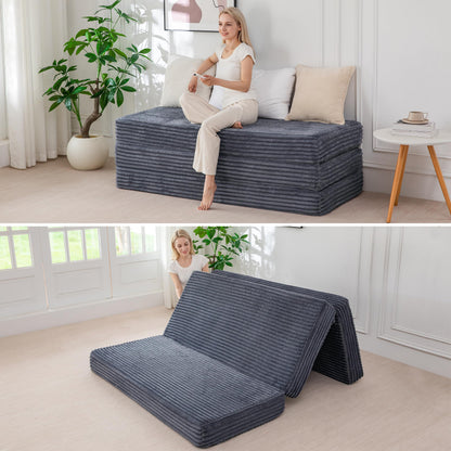 BYBYME Thick Corduroy Tri-Folding Mattress, 6 Inch Gel Folding Mattress Topper, Foldable Sofa Couch Soft Guest Bed Camping Pad, with Washable Covers (Dark Gray, Queen)