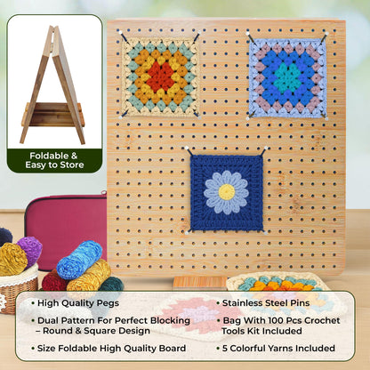 FRAVI Foldable Bamboo Crochet Blocking Board Kit – Dual-Sided Square & Circular Grid 22 × 11 in, 40 Pins + 100 Tools + 5 Yarn Skeins – All-in-One Crochet & Knitting Kit for Beginners & Crafters
