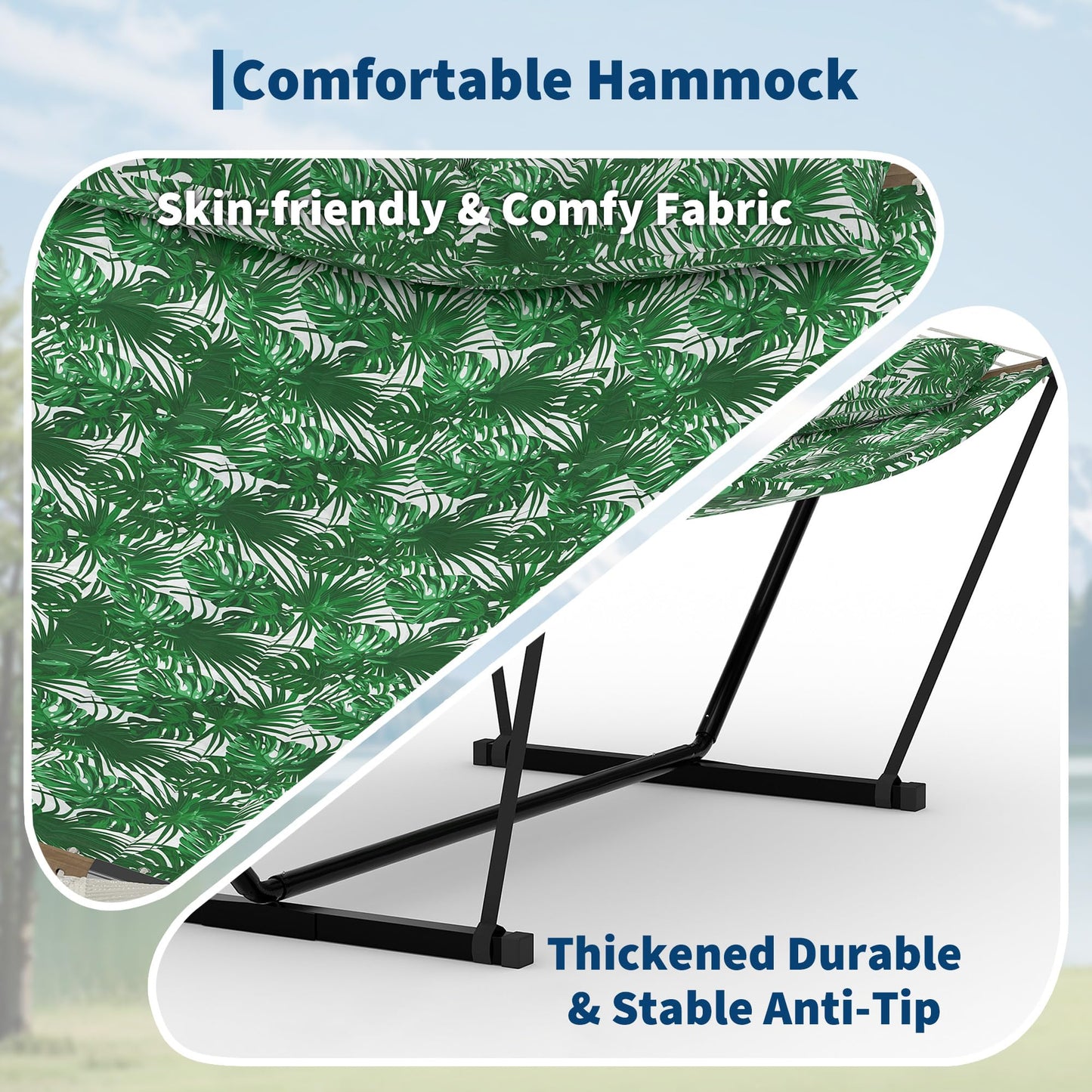 2 Person Double Hammock with Adjustable Steel Stand & Pillow, Heavy Duty Portable Outdoor Hammock Set, MAX 450 LBS Weight Capacity for Patio, Garden, Beach, Backyard