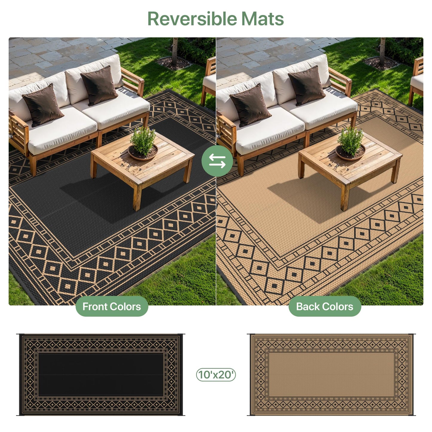 GENIMO Outdoor Rug Waterproof for Patio Decor, 10'x20' Foldable Reversible Plastic Straw Carpet, Outside Area Mat for Rv, Deck, Picnic, Porch, Camper, Balcony, Beach, Black & Brown