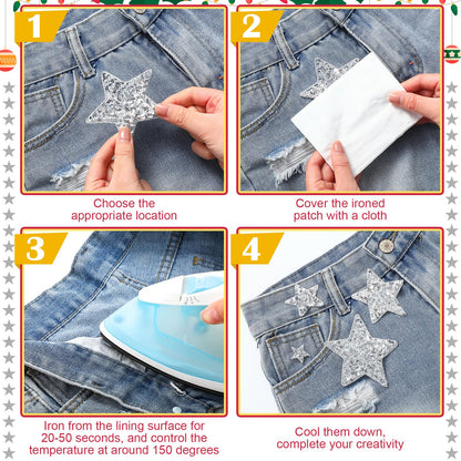 Giegxin 48 Pcs Star Sequin Patches in 4 Sizes Iron on Shiny Patches Embroidered Decorative Appliques for Hats Bags Jackets Jeans Backpacks Costume Clothing Accessory(Silver)