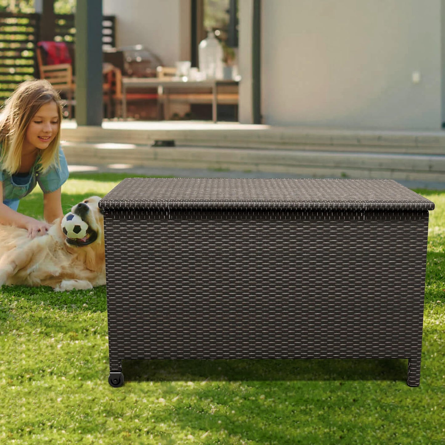 Large Deck Box Waterproof PE Rattan Outdoor Storage Box with Handles and Wheels, Storage Bin for Garden, Balcony, Porch, Pool, Yard (Brown, 125 Gallon)