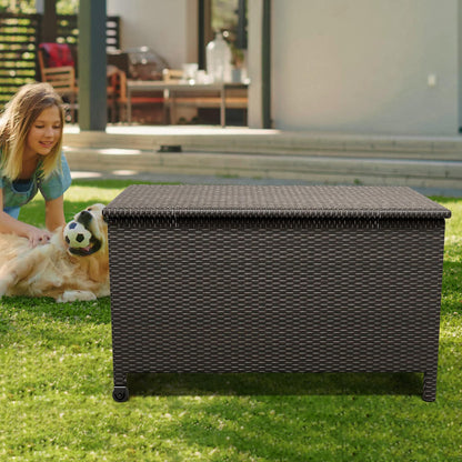 Large Deck Box Waterproof PE Rattan Outdoor Storage Box with Handles and Wheels, Storage Bin for Garden, Balcony, Porch, Pool, Yard (Brown, 125 Gallon)