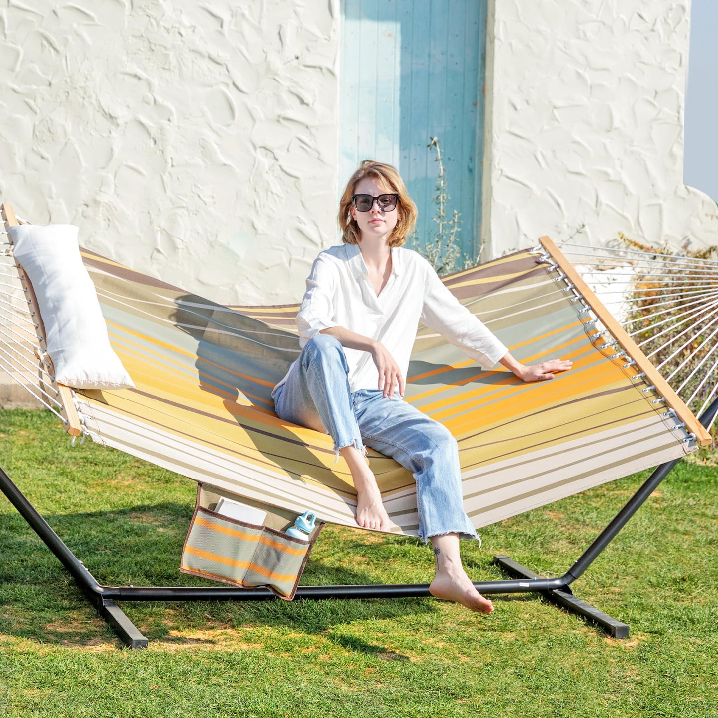 Gafete Waterproof Double Hammock with Stand for Outside Heavy Duty, 2 Person 55'' Large Quick Dry Textilene Hammocks with Hardwood Spreader Bar, Pillow, Pockets, for Outdoor, 475lbs Capacity (Coffee)