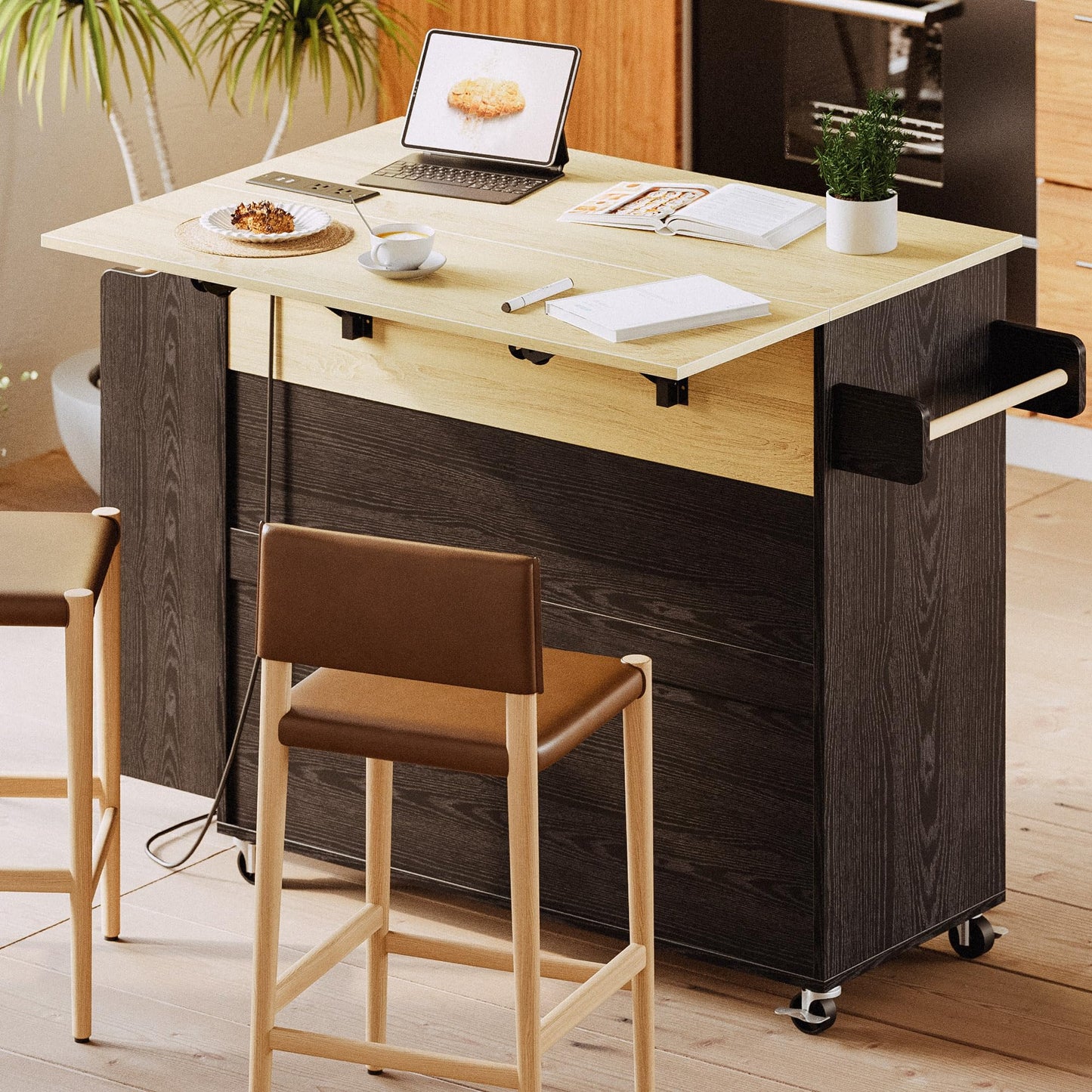 IRONCK Kitchen Island with Storage, Rolling Kitchen Island on Wheels with Drop Leaf, Charging Station, 3 Open Spice Rack, Cabinet, Drawer, Kitchen Cart Island Table for Kitchen, Black