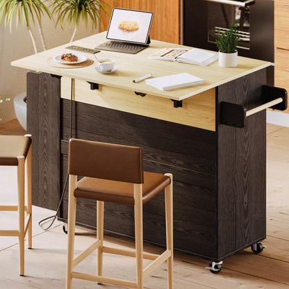 IRONCK Kitchen Island with Storage, Rolling Kitchen Island on Wheels with Drop Leaf, Charging Station, 3 Open Spice Rack, Cabinet, Drawer, Kitchen Cart Island Table for Kitchen, Black