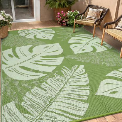 Garvee 9x18 Outdoor Rug Waterproof Reversible Mat Leaf Tropical Patio Rug with 4 Stakes and Starage Bag Portable Outdoor Straw Plastic Area Rug for Camping Porch Deck Rv Balcony Backyard Beach, Sage