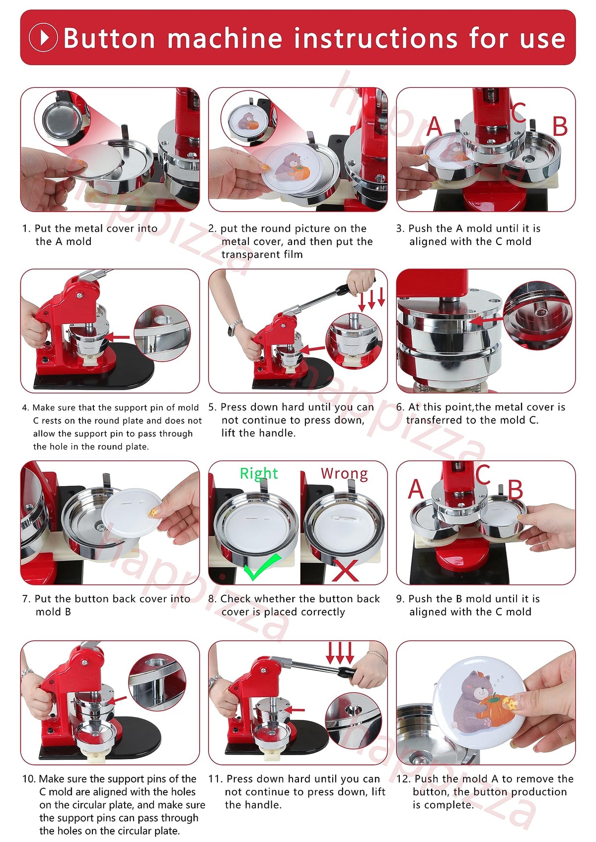 Happizza Button Maker Machine Multiple Sizes, Button Pin Maker 1+1.25+2.25 inch, Interchangeable Button-models Badge Button Press Machine with 300 Sets Button Maker Supplies &Circle Cutter&Cutting Mat