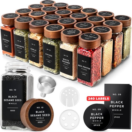 EDELHAUS® Square Spice Jars - Acacia Wooden Lid, Shaker Insert & 240 Labels | Pack of 24, 4.3 in × 1.8 in