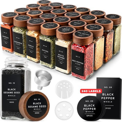 EDELHAUS® Square Spice Jars - Acacia Wooden Lid, Shaker Insert & 240 Labels | Pack of 24, 4.3 in × 1.8 in