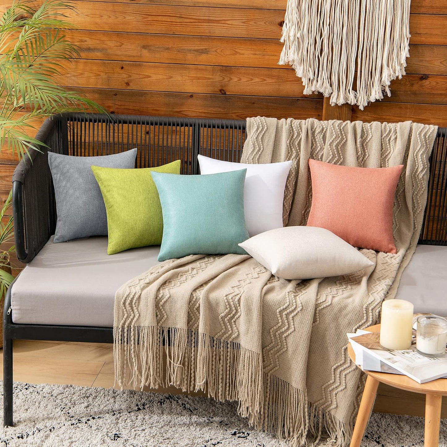 MIULEE Decorative Outdoor Throw Pillow Covers - Waterproof Faux Linen Cushion Cases | 12x12 Inch Coral Red (Pack of 2)