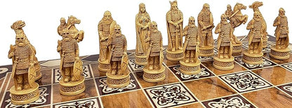 Antique Ivory &amp Brown Norse Viking Chess Set with 17 Burlwood Color Board
